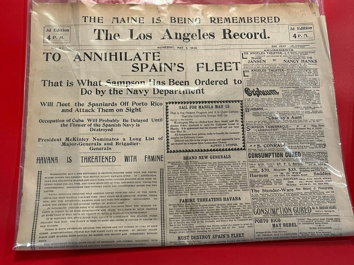 1898 Los Angeles Record - Annihilate Spain's Fleet