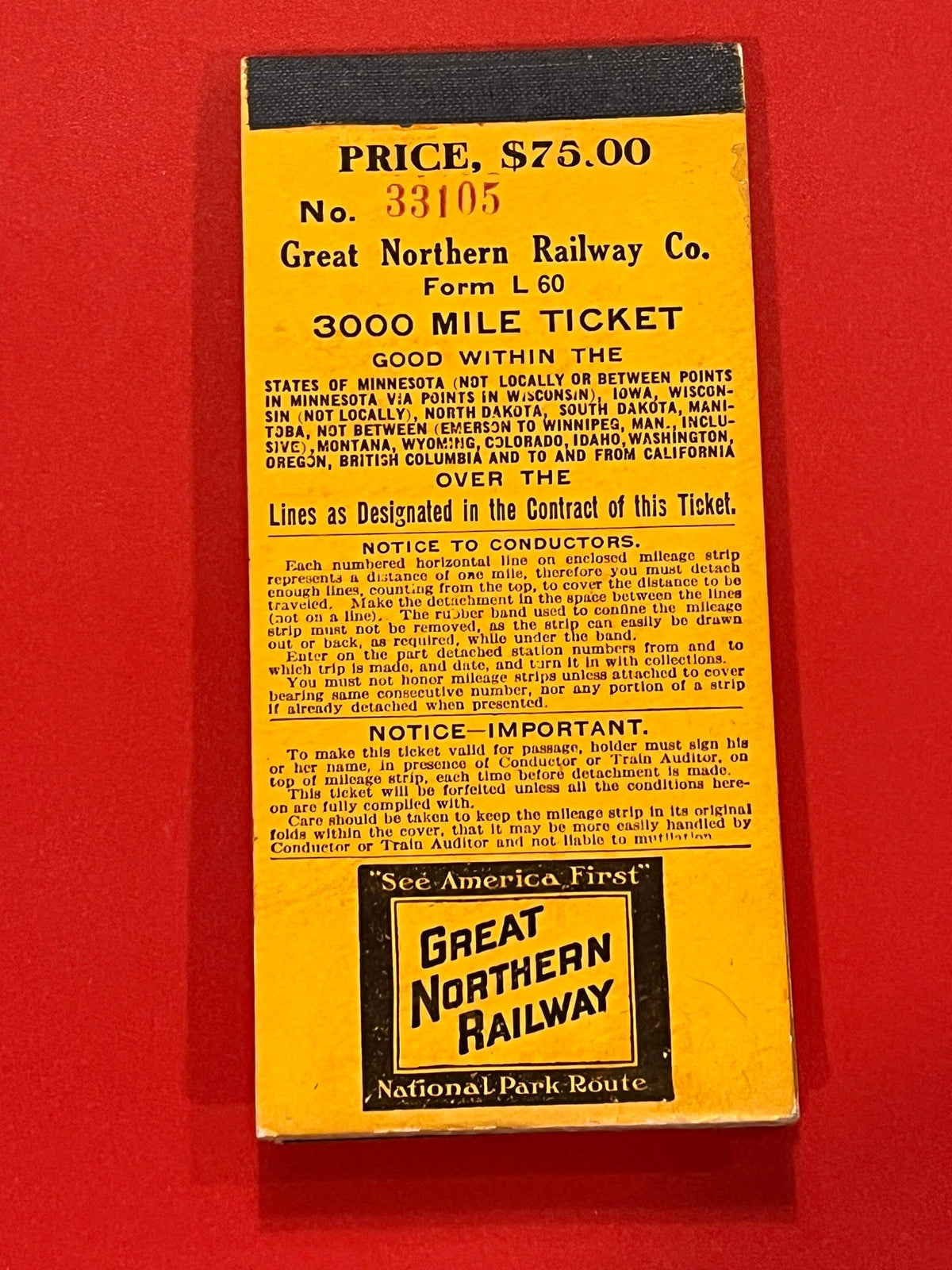 GREAT NORTHERN RAILWAY 3000 MILE TICKET Book