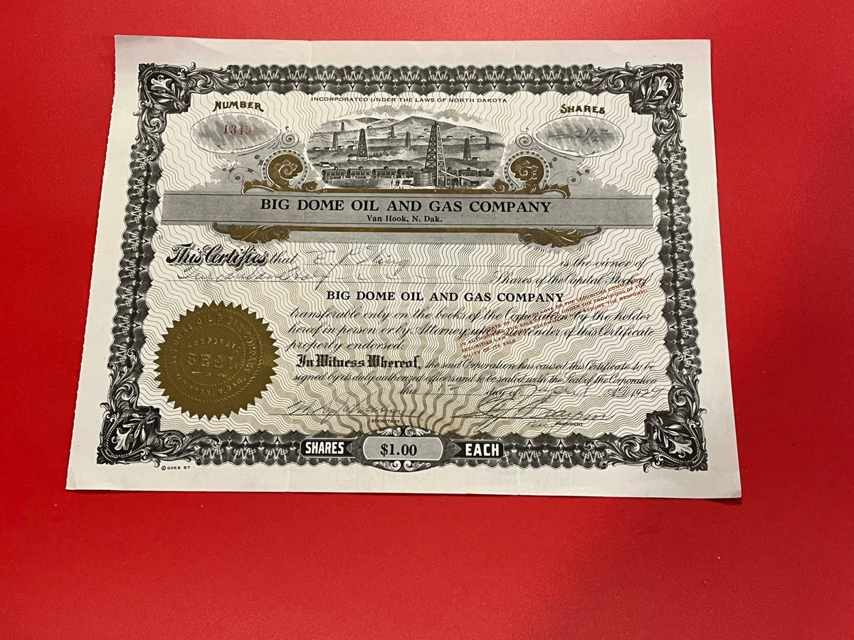 Big Dome Oil and Gas Company Stock Certificate