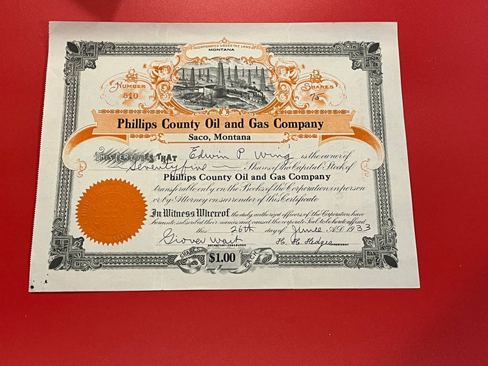 Phillips County Oil and Gas Company Stock Certificate