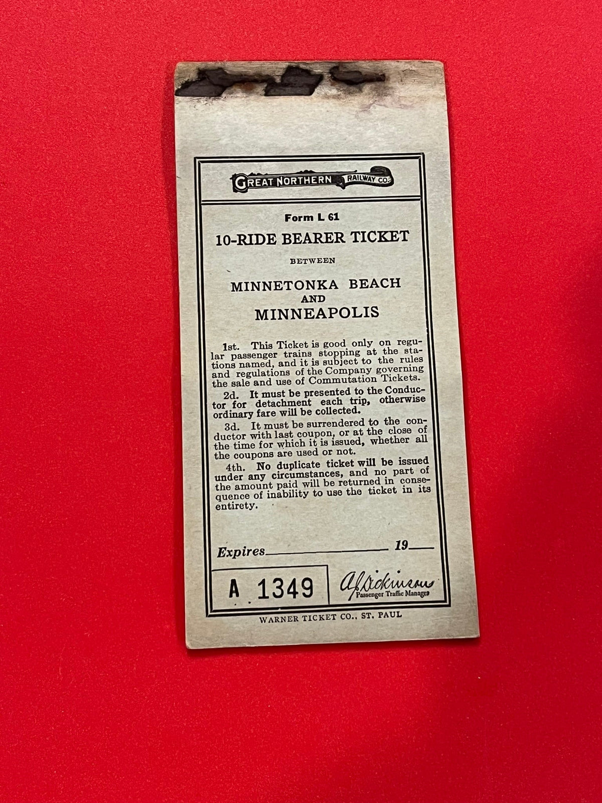 Great Northern Railway 10-Ride Bearer Ticket