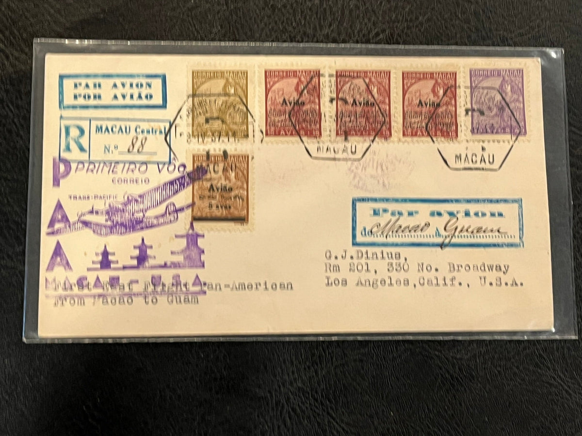 First Flight Cover. Pan-American Airlines flight - Macao-Guam. 1937