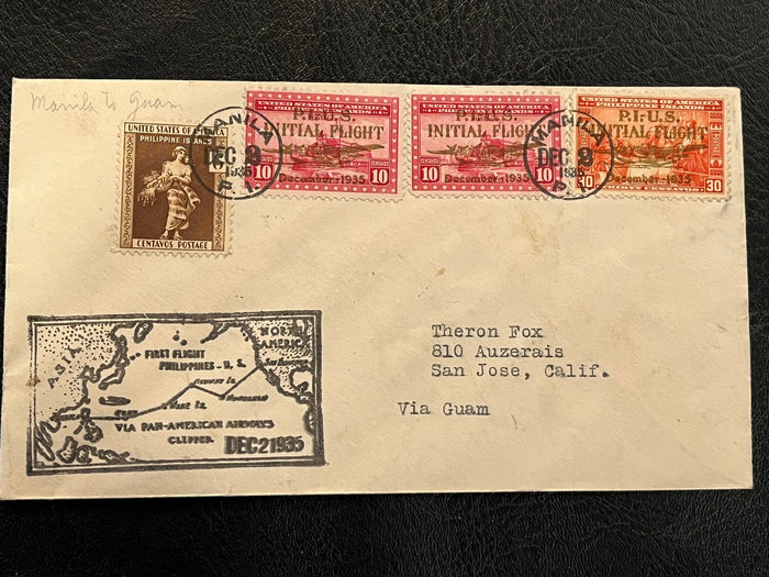 First Flight Cover. Manila - Guam. 1935. Fine condition.