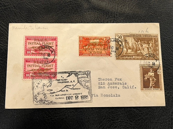 First Flight cover. Manila - Honolulu. 1935. Fine condition,