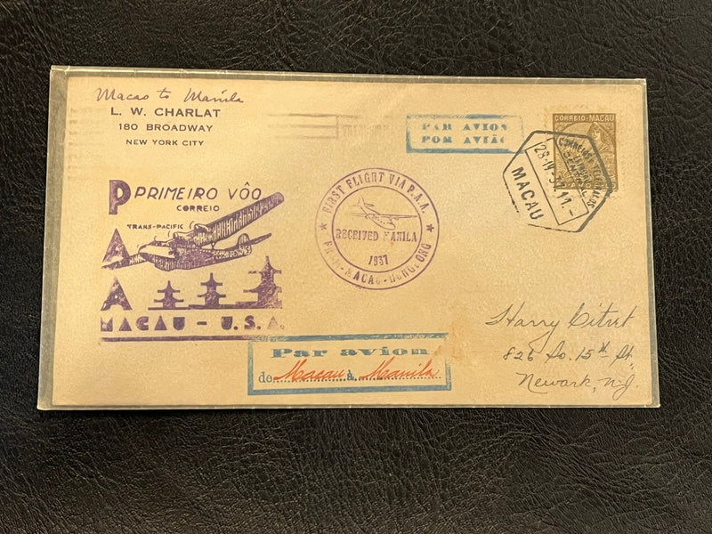 First Flight Coverr. Pan-American. Macao-Manila. 1937. Fine condition.