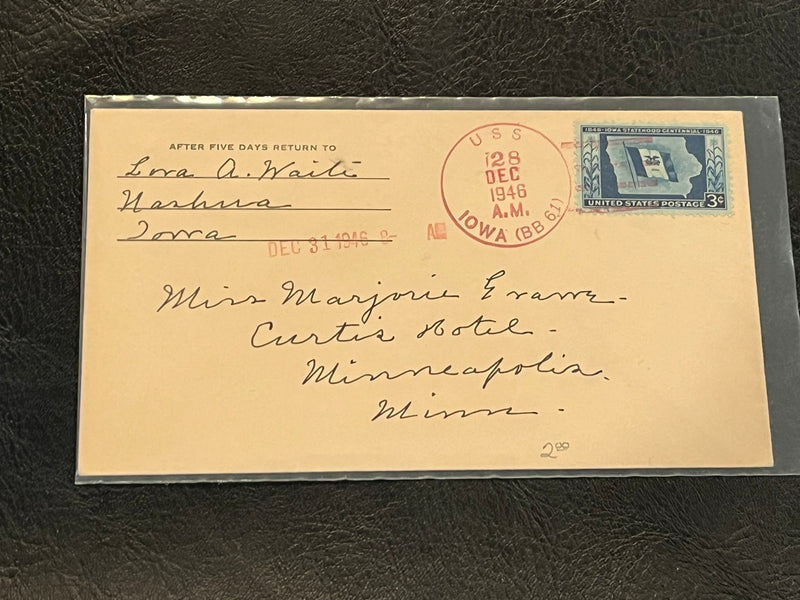 U.S.S. Iowa Ship cancelled cover. 1946