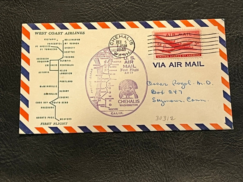 West Coast Airline First flight cover. - Chehalis, Washington