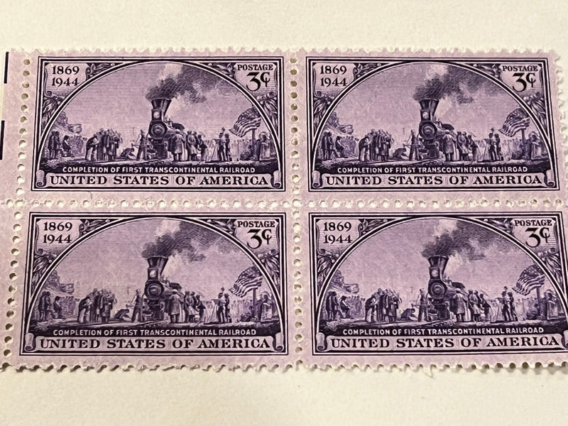 #922  - 1933 3c Dompletion of First Transcontinental Railroad. Includes 5 sets with 4 mnh stamps each)