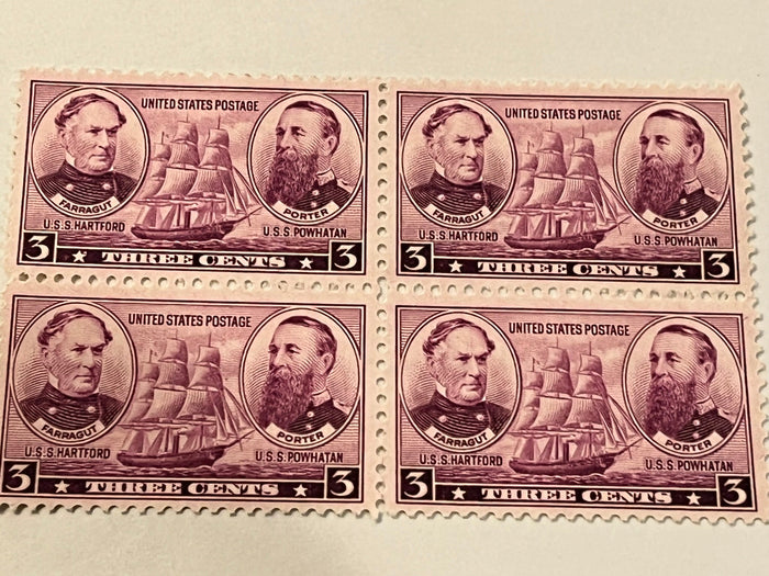 #792- 1937 3c Army and Navy: Farragut and Porter (Includes two groups of 4 mnh stamps)