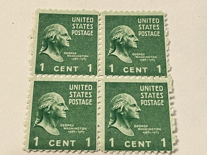 #804 1938 1c George Washington (Includes 3 sets of 4 mnh stamps)