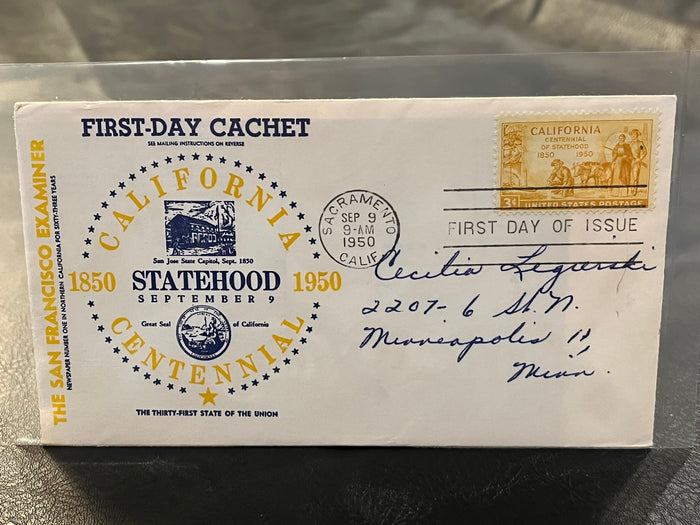 California Centennial. 1950 FDC. San Francisco Examiner Cachet.