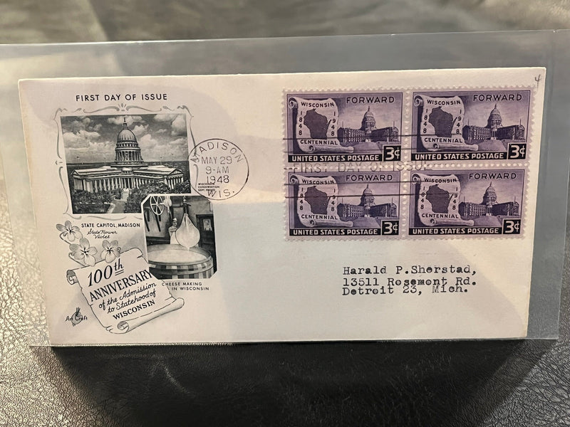 Wisconsin Centennial FDC Art Craft Cachet. 1948