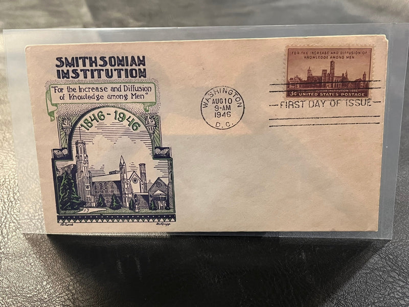 Smithsonian Institution Centennial FDC. Colored cachet. 1946