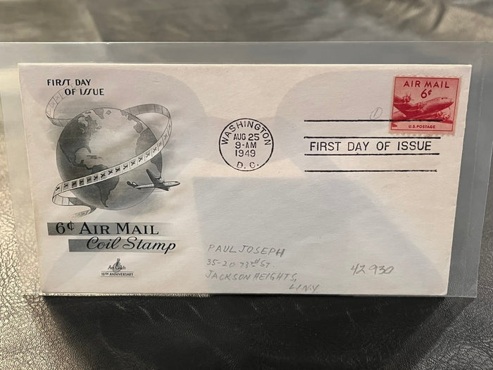 6c Air Mail Coil Stamp FDC. Art Craft cachet. 1949