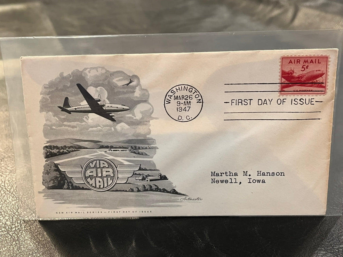 Via Air Mail. 5c new air mail series. Artmaster cachet. 1947