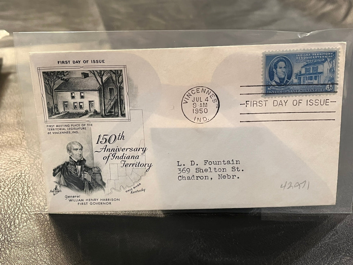 Indiana Territory 150th Anniversary FDC. Art Craft cachet. 1950