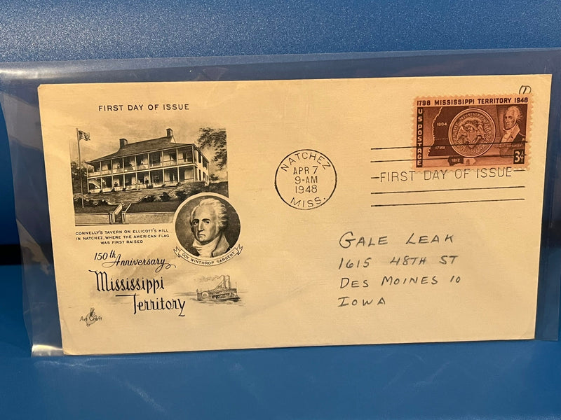 Mississippi Territory 150th Anniversary FDC. Art Craft cachet. 1948