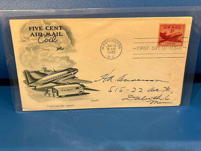 5cent Air Mail Coil FDC. Artmaster cachet. 1948