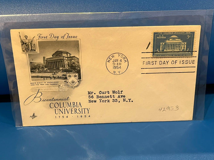 Columbia University Bicentennial FDC. Art Craft cachet. 1954