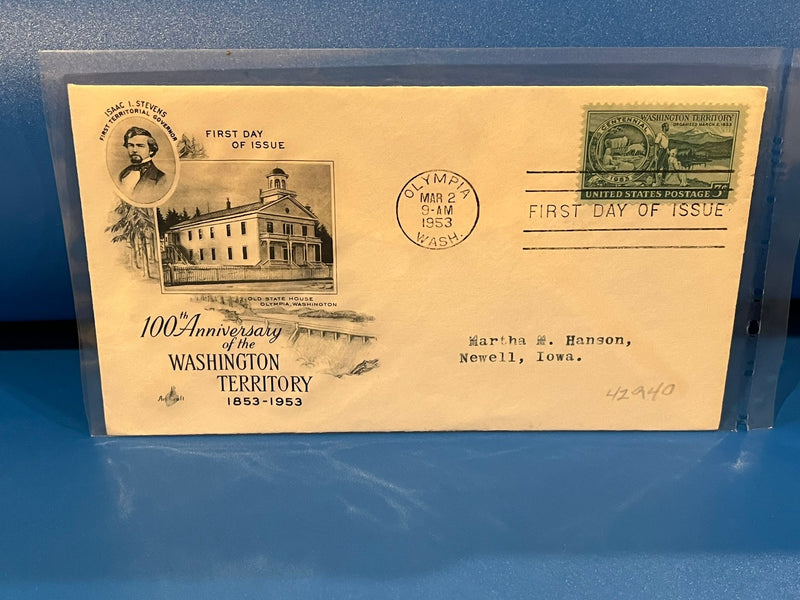 Washington Territory 100th Anniversary FDC. Artmaster cachet. 1953