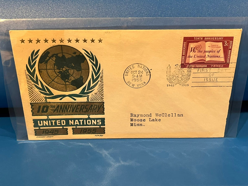 United Nations 10th Anniversary FDC. Cachet Craft cachet. 1955