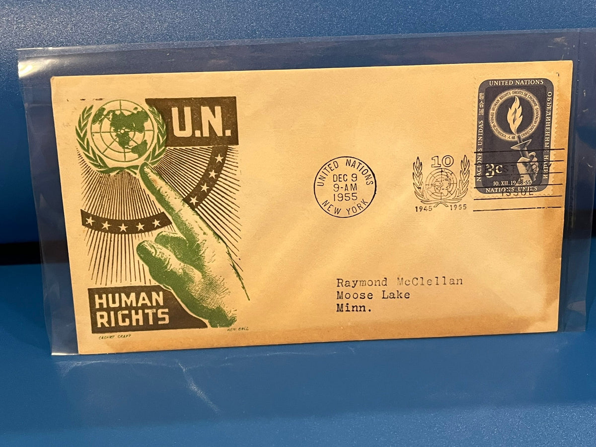 U.N. Human Rights FDC. Cachet Craft . 1955