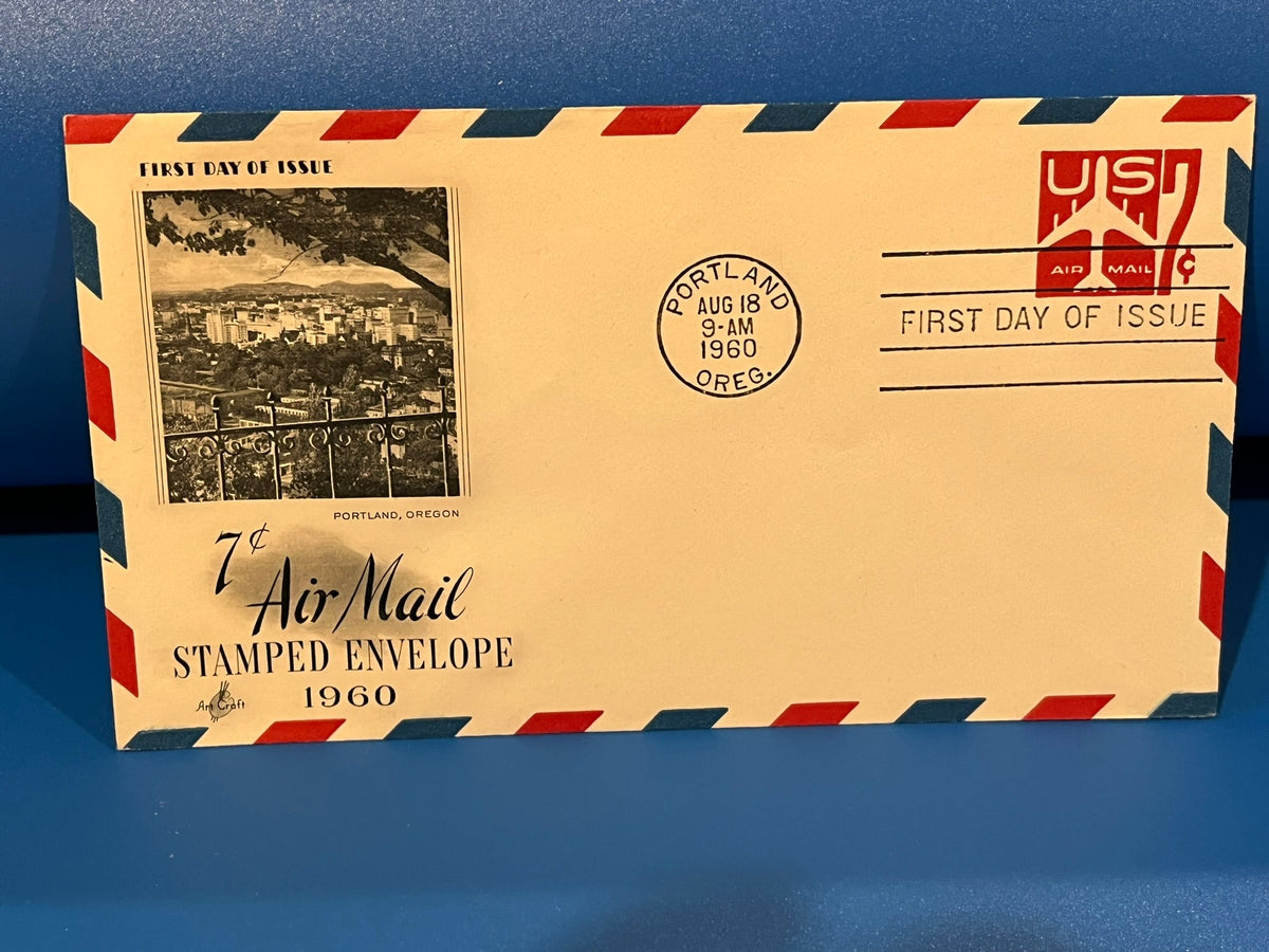 7c Air Mail Stamped Envelope FDC. Art Craft cachet. 1960