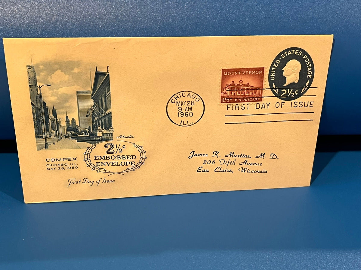 2 1/2 c Embossed Envelope FDC. Artmaster cachet. 1960