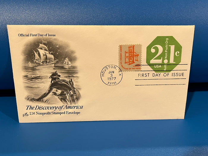 The Discovery of America. 2.1c Nonprofit Stamped Envelope FDC. Art Craft Cachet.