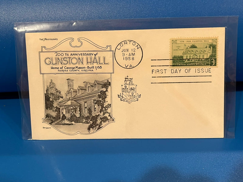 Gunston Hall 200th Anniversary FDC Aristocrafts cachet. 1958