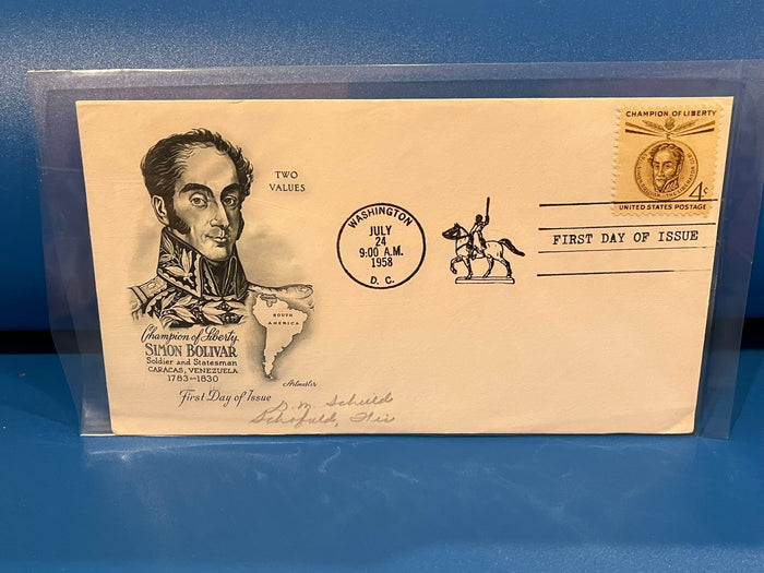 Simon Bolivar FDC. Artmaster Cachet. 1958