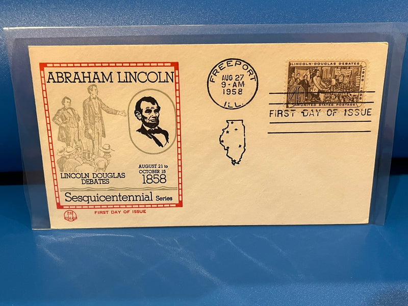 Abraham Lincon Sesquicentannial FDC.  Tri Color cachet. 1958