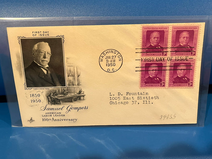 Samual Gompers 100th Anniversary FDC. Art Craft cachet. 1950