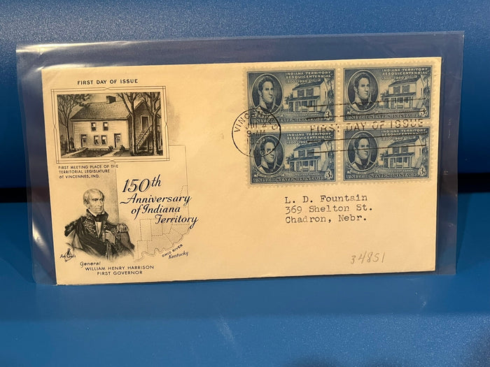 Indiana Territory 150th Anniversary FDC. Art Craft cachet. 1950