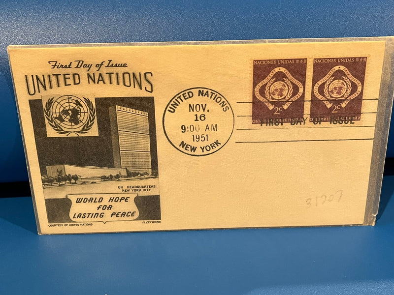 United Nations World Hope for Lasting Peace. FDC. Fleetwood Cachet. 1951