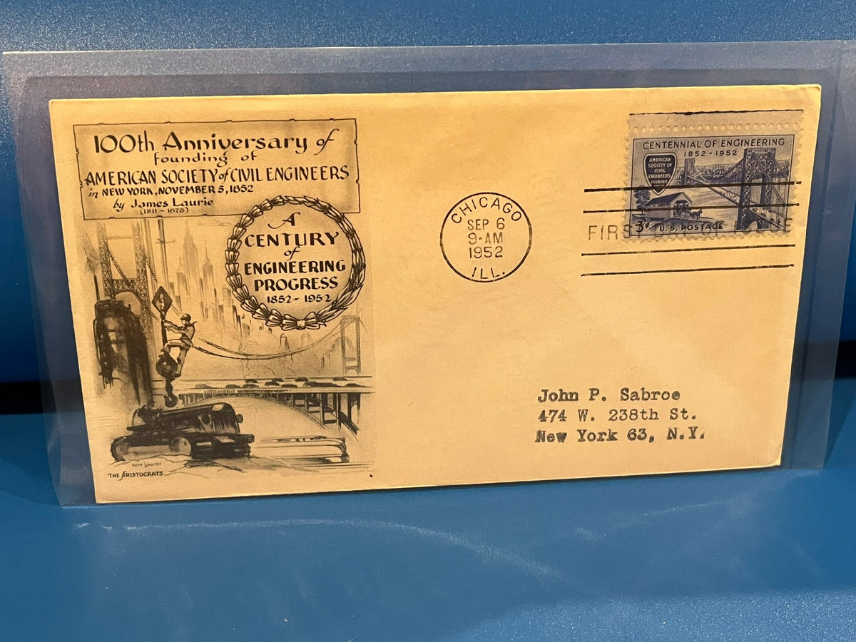 American Society of Civil Engineers 100th Anniversity FDC. Aristocrats cachet. 1952