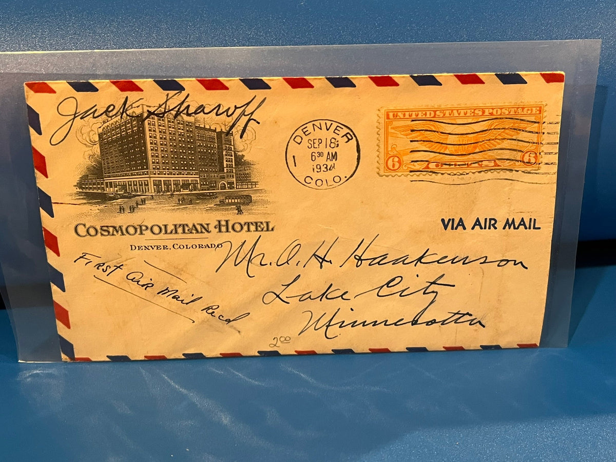 First Air Mail Received - Cosmopolitan Hotel, Denver 1934