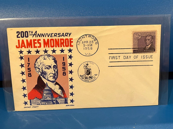 James Monroe 200th Anniversary FDC. Cachet Craft cachet. 1958