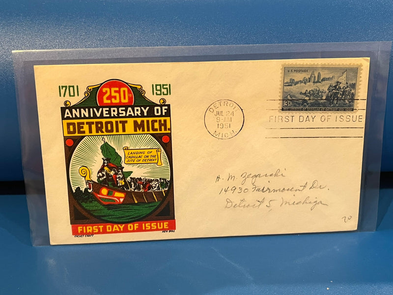 250th Anniversary of Detroit. Hand colored Cachet Craft . 1951