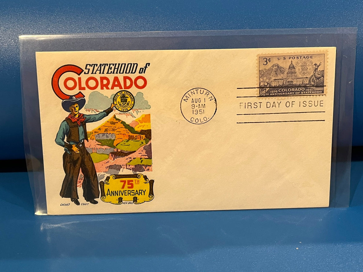 75th Anniversary of Colordao Statehood. Hand colored Cachet Craft. 1951