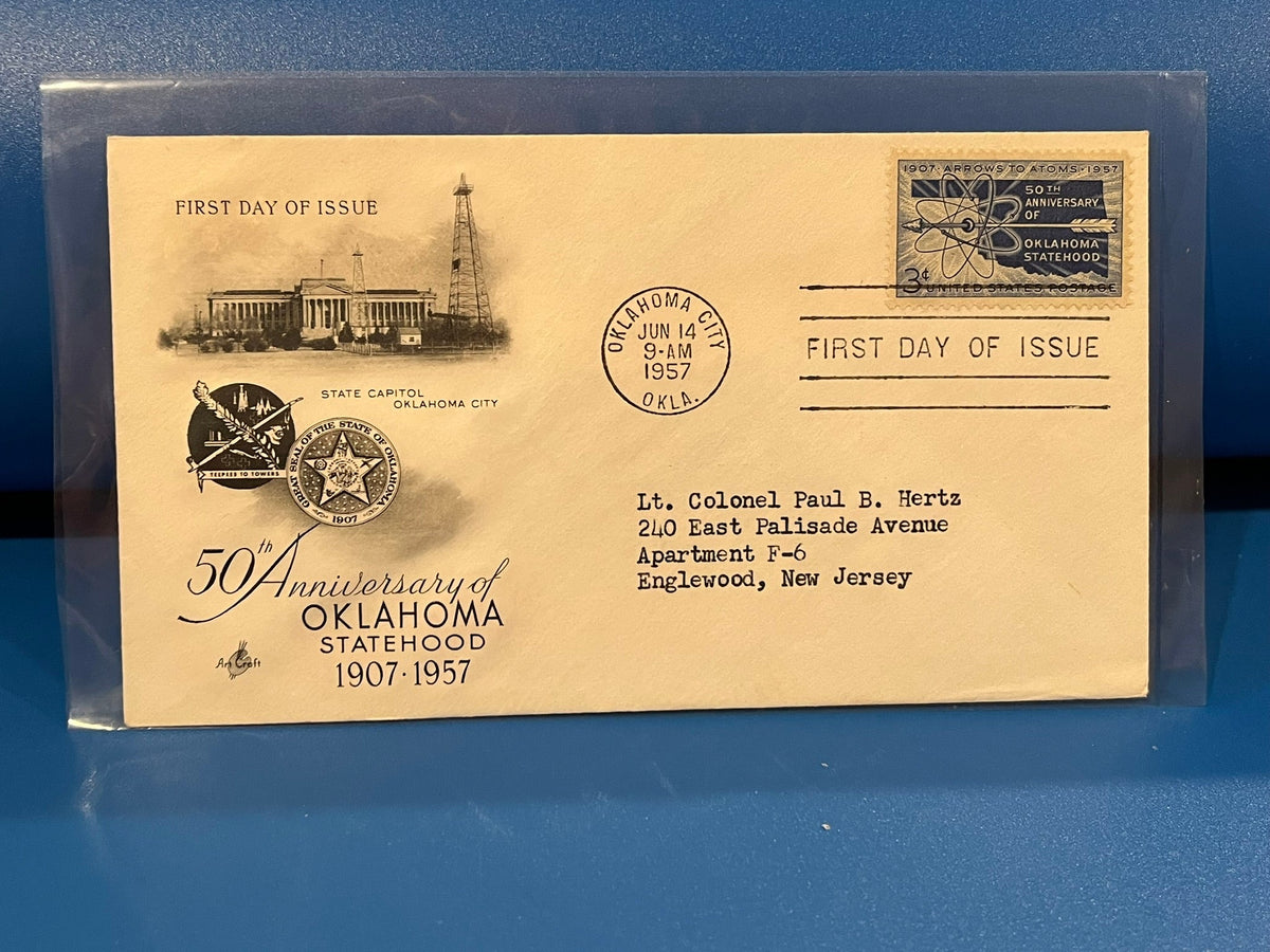 Oklahoma Statehood 50th Anniversary FDC. Art Craft Cachet. 1957