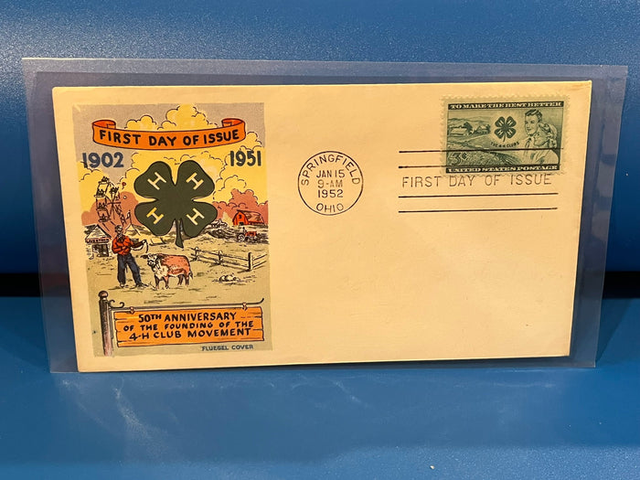 4-H Club 50th Anniversary FDC. Fluegel colored cachet. 1952