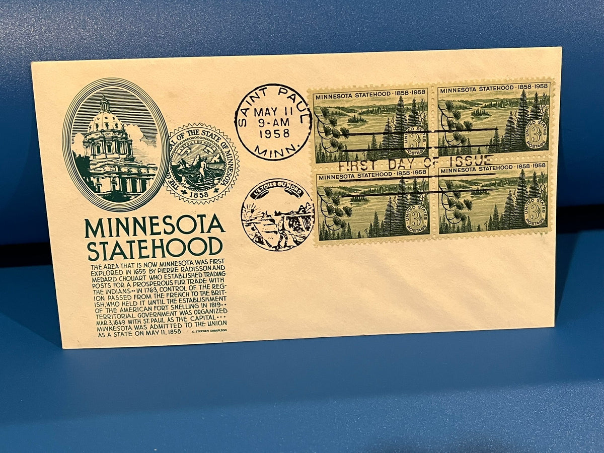 Minnesota Statehood Centennial FDC. C. Stephen Anderson Cachet. 1958