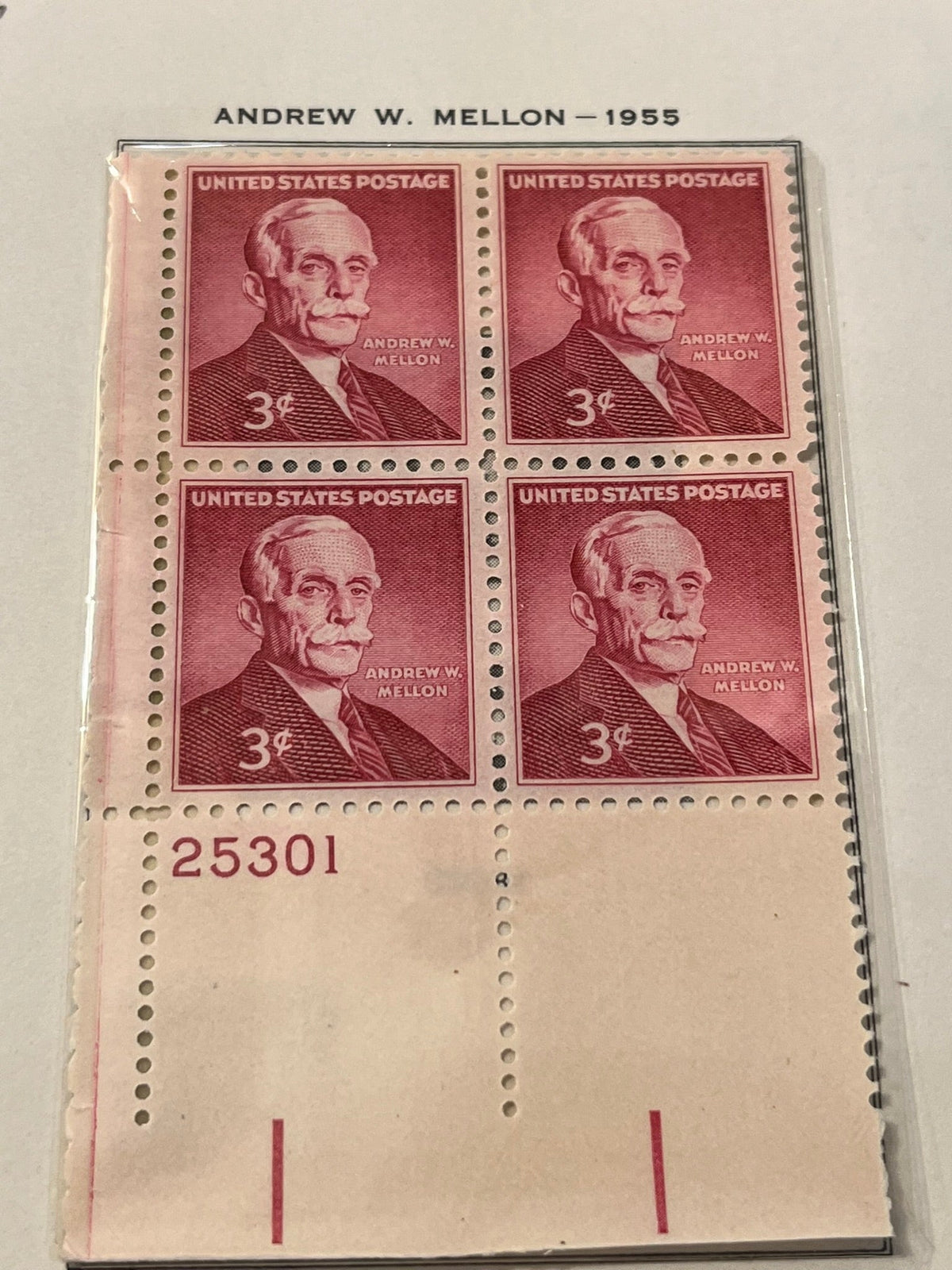 Andrew Mellon plate block - 1952