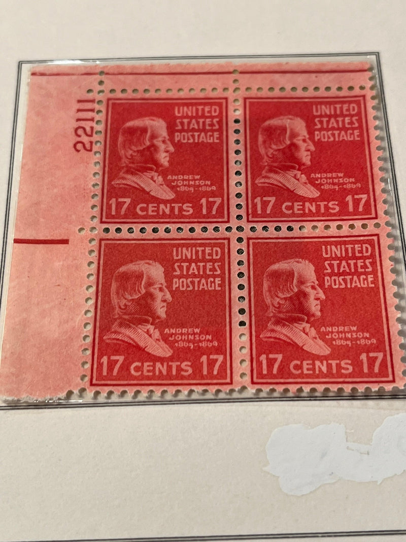 17c Andrew Johnson plate block - 1938