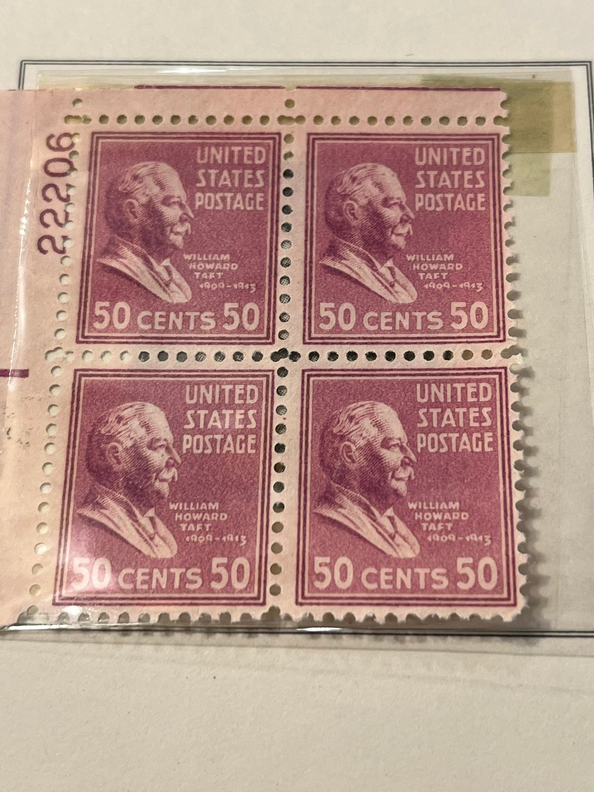 50c William Howard Taft plate block. #831 - 1938 MNH