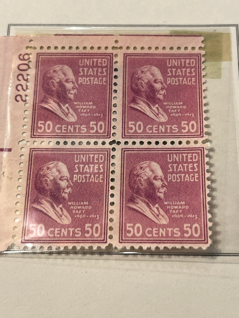 50c William Howard Taft plate block. #831 - 1938 MNH