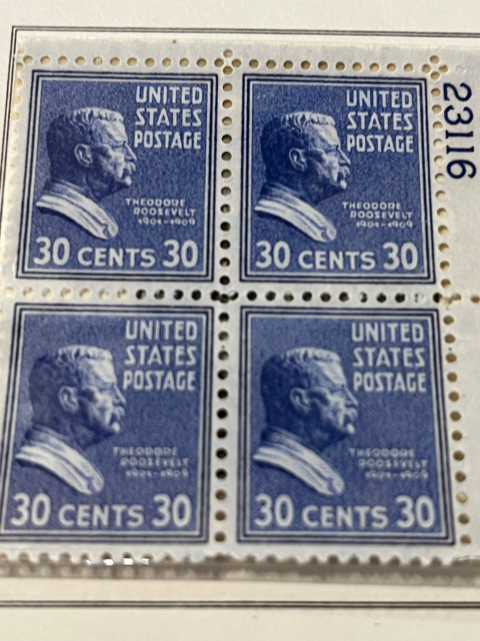 30c Theodore Roosevelt plate block. #830 - 1938