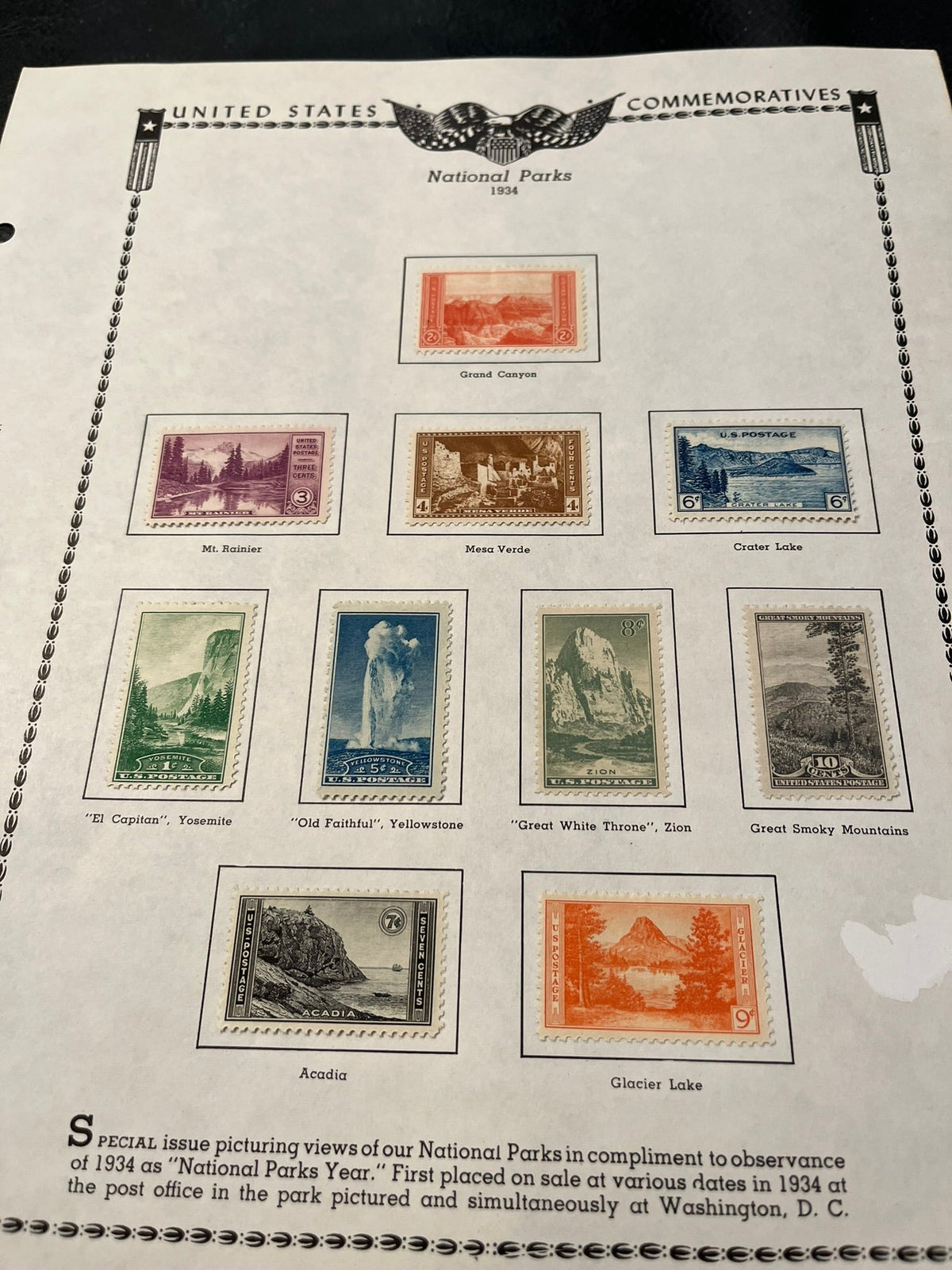 1934 National Parks Set of 10 Stamps. MLH.