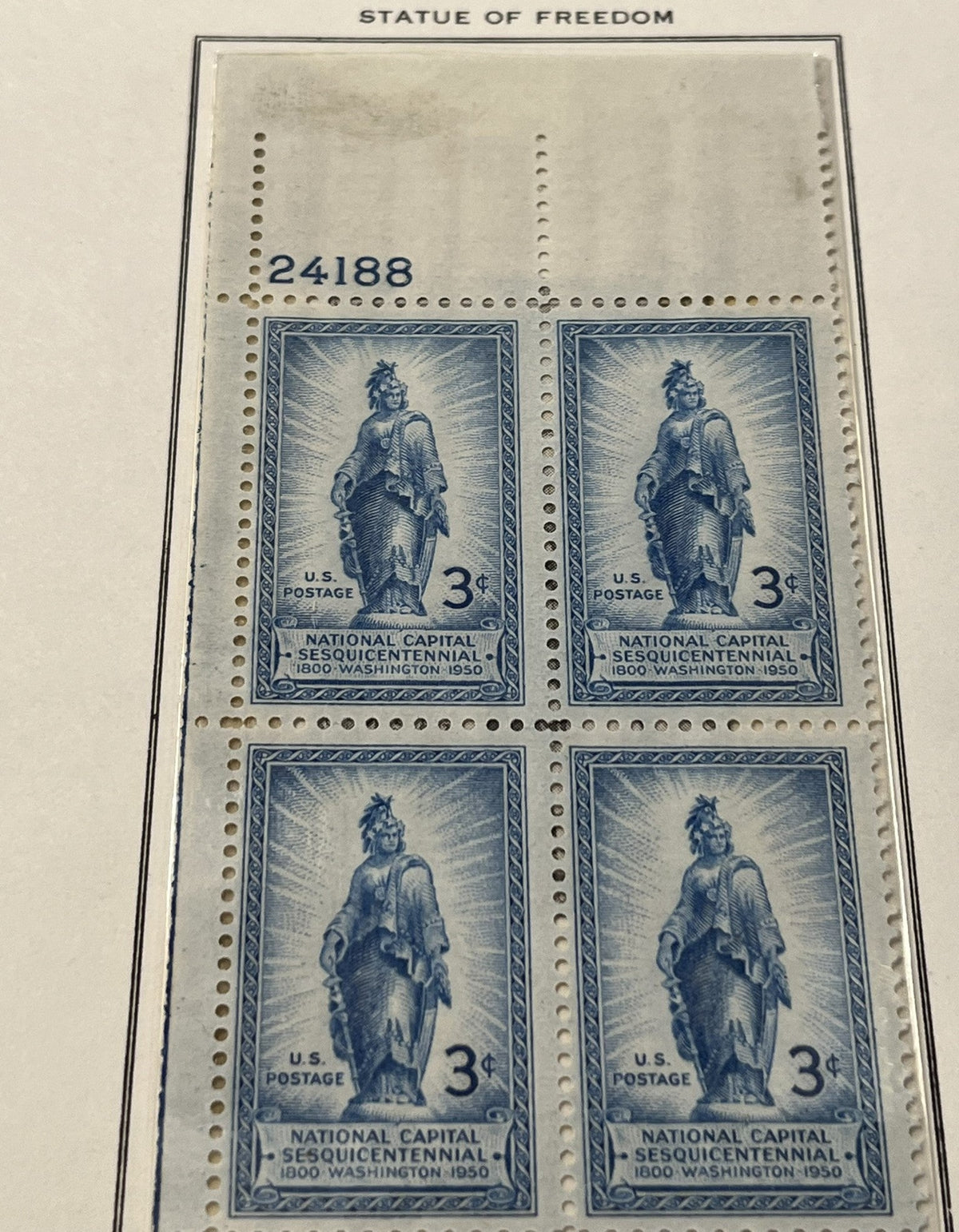 Statue of Freedom plate block. - MNH. #989 - 1950